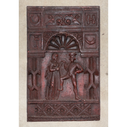 301 - A pair of 17th century style figural panels, one depicting a courting couple, the other a piper, 31c... 