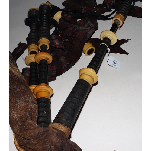 866 - A set of late 19th / early 20th century ivory and turned hardwood Scottish Highland bagpipes, with l... 