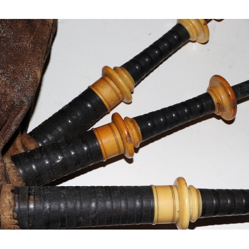 866 - A set of late 19th / early 20th century ivory and turned hardwood Scottish Highland bagpipes, with l... 