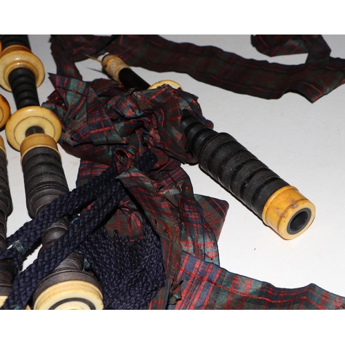 866 - A set of late 19th / early 20th century ivory and turned hardwood Scottish Highland bagpipes, with l... 