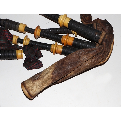 866 - A set of late 19th / early 20th century ivory and turned hardwood Scottish Highland bagpipes, with l... 