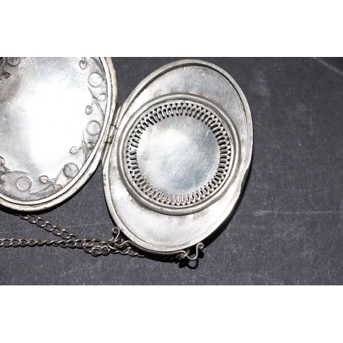 397 - A Victorian silver and moonstone locket on chain, marks rubbed and indistinct, 33g.