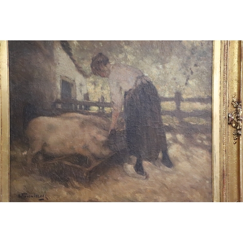 1517 - Hendrik Frauenfelder (1885-1922) - A Lady Feeding Pigs in a Farmyard Setting - Dutch Impressionist s... 