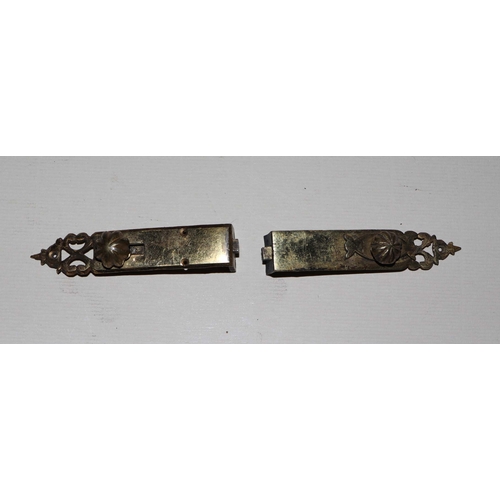 330 - A late 18th / early 19th century engraved brass lock plate with original key and associated hinges; ... 