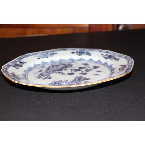 635 - A pair of 19th century Chinese blue & white plates of octagonal form decorated with a river landscap... 