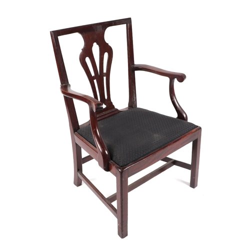 1008 - A 19th century mahogany elbow chair with drop-in upholstered seat, on square chamfered legs.