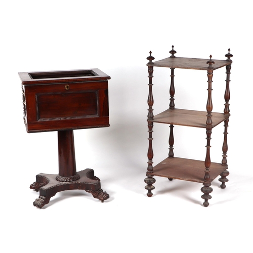 1026 - A William IV rosewood work table, the rectangular box with lift-out tray, on a tapering circular col... 