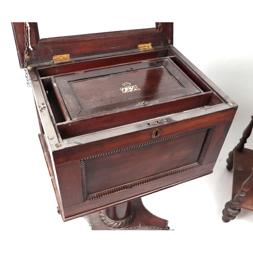 1026 - A William IV rosewood work table, the rectangular box with lift-out tray, on a tapering circular col... 