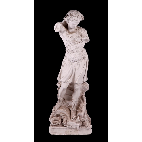 1032 - After the antique:  A large cast plaster statue depicting a figure draped in a robe, on a plinth bas... 