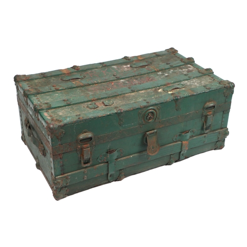 1044 - A metal bound green painted pine trunk