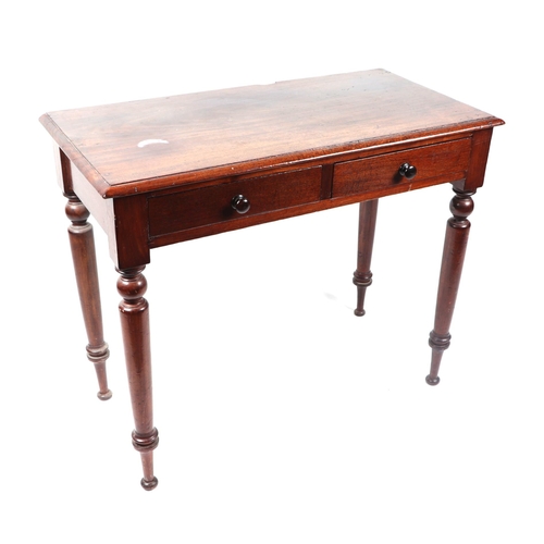 1076 - A Victorian mahogany side table with two frieze drawers, on turned legs,90cms wide.