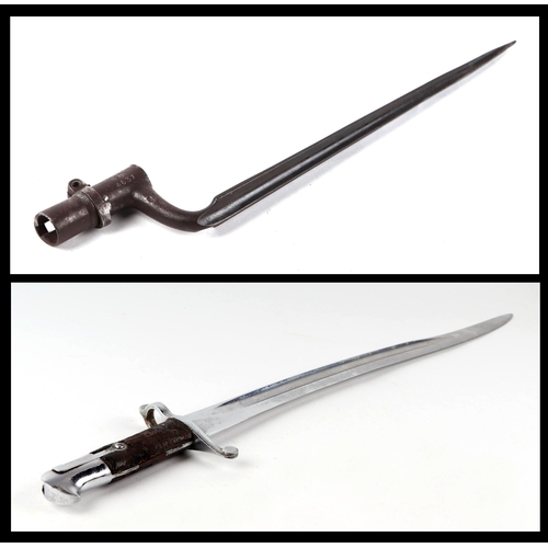 131 - A 19th century Whitworth type sword bayonet with 58cm twin fuller blade; together with a spike bayon... 