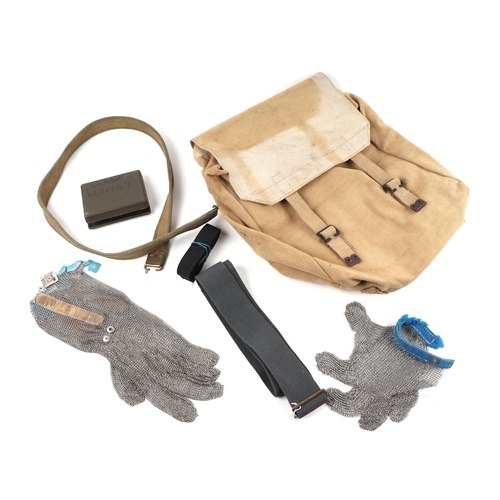 135 - A quantity of assorted militaria to include a RAF belt, military four-valve case no. 3 Z.A.9817, mes... 