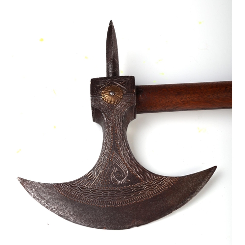 145 - A 19th century Indo Persian Tabar battle axe with peacock engraved to the blade, 81cm long