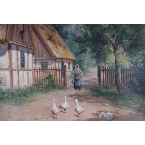 184 - F W Oddmark - Country Scene with Thatched Cottage, Figure and Geese - signed lower right, oil on can... 