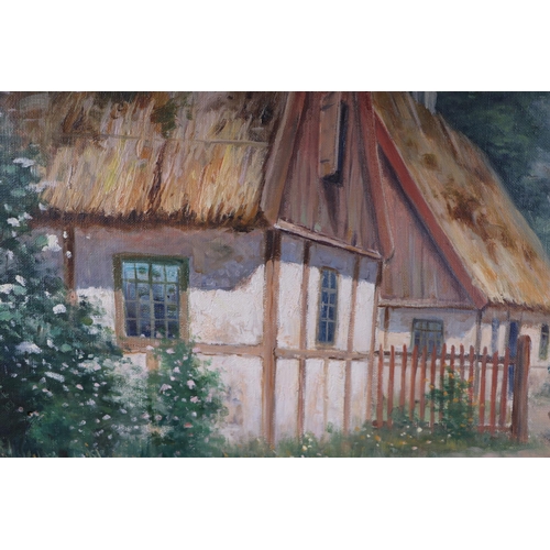 184 - F W Oddmark - Country Scene with Thatched Cottage, Figure and Geese - signed lower right, oil on can... 