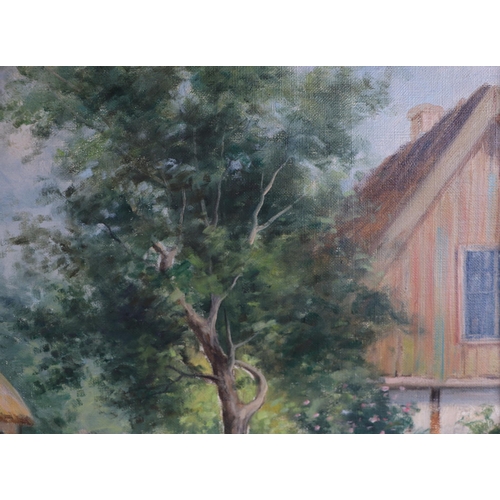 184 - F W Oddmark - Country Scene with Thatched Cottage, Figure and Geese - signed lower right, oil on can... 