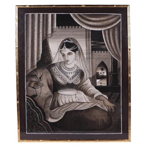 186 - 20th century Indian school - Portrait of a Lady Wearing a Headdress Seated on Cushions - gouache, fr... 