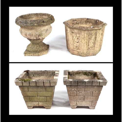 21 - A pair of well weathered reconstituted stone square planters, 38cms wide; together with two similar ... 