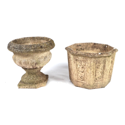 21 - A pair of well weathered reconstituted stone square planters, 38cms wide; together with two similar ... 