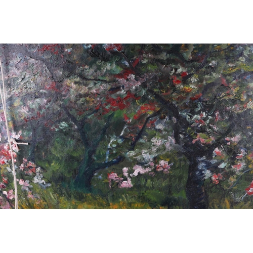 261 - Anthony Rossiter (1926-2000) - Woodland Lane Scene -  painted with a cherry blossom orchard to verso... 