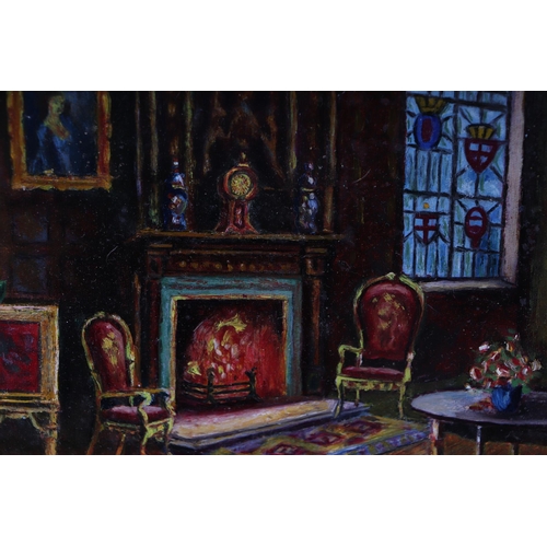 280 - 20th century school - Interior Scene, Chairs by a Fireside - oil on paper, framed, 16 by 20cms.