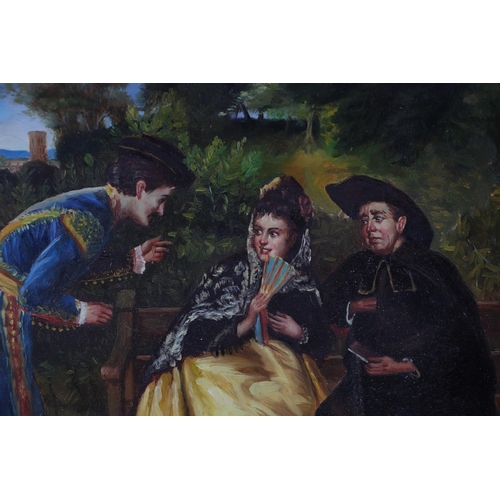 282 - Continental school - A Young Couple on a Bench with a Clergyman - oil on board, framed, 29 by 40cms.