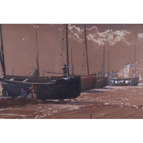 307 - Edward Hargitt RI (1835-1895) - Hastings, Fishing Boats at Low Tide - watercolour heightened with bo... 