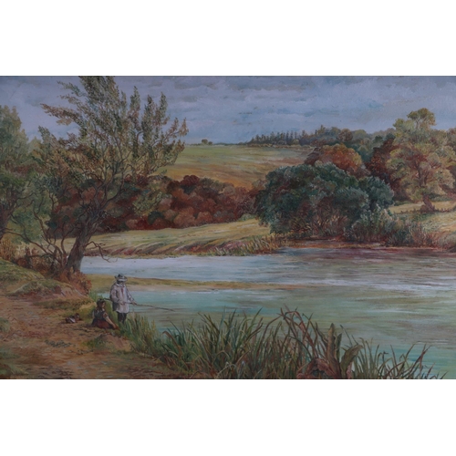 308 - Simon Mouncey (modern British) - Riverside Scene with Fishermen - signed lower right, oil on paper, ... 