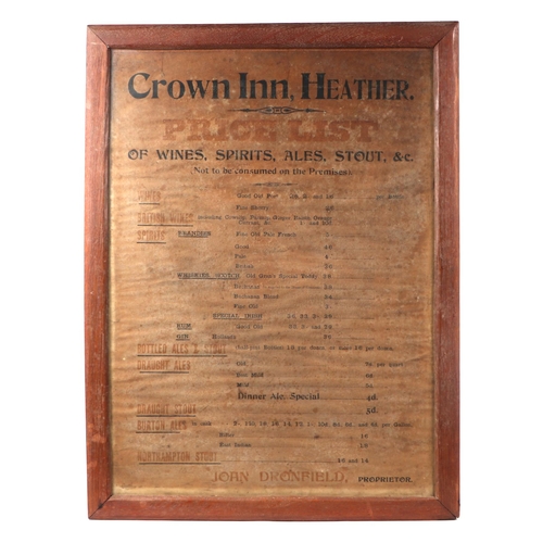 57 - An early 20th century printed Alcohol Price List from the Crown Inn, John Dronfield Proprietor, fram... 