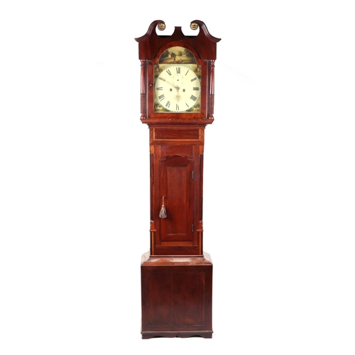 601 - A longcase clock, the 30cms painted square arch dial with Roman numerals, subsidiary seconds dial, t... 