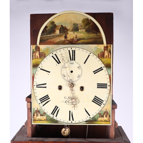 601 - A longcase clock, the 30cms painted square arch dial with Roman numerals, subsidiary seconds dial, t... 