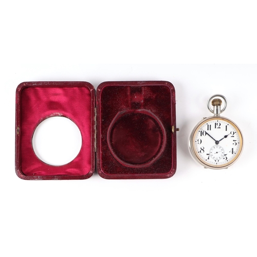 619 - A Goliath type nickel cased open faced pocket watch, the white dial with Arabic numerals and subsidi... 