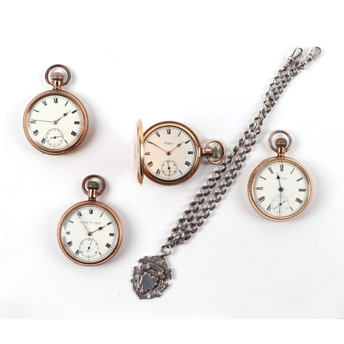 626 - A Waltham gold plated full hunter pocket watch; together with three other gold plated open faced poc... 