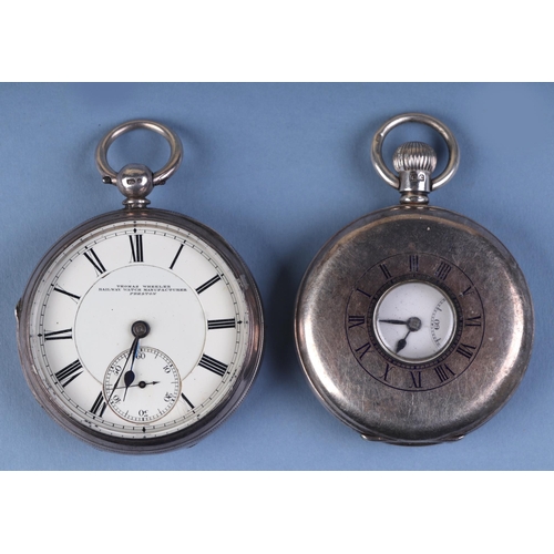 629 - A silver cased Thomas Wheeler open faced railway watch, the white enamel dial with Roman numerals an... 