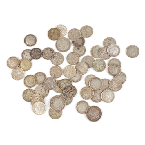 631 - A group of Victorian and later silver sixpences and 3d coins, 78g.