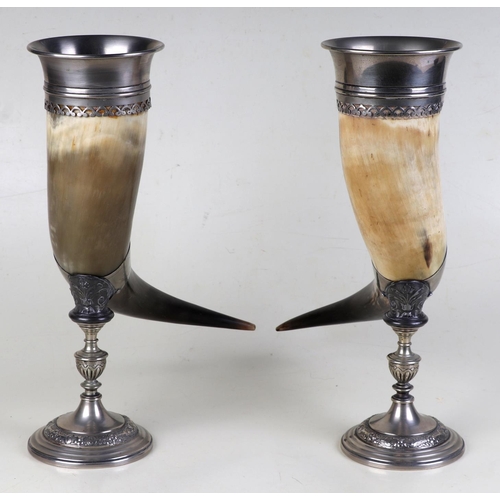 640 - A pair of Edwardian silver plated mounted horns with engraved presentation inscription 'Stevens Chal... 