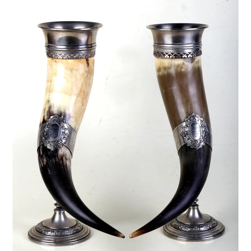 640 - A pair of Edwardian silver plated mounted horns with engraved presentation inscription 'Stevens Chal... 