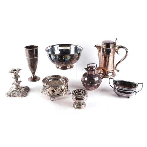 643 - A quantity of assorted silver plated items to include a candlestick, cream jugs, footed bowl, goblet... 