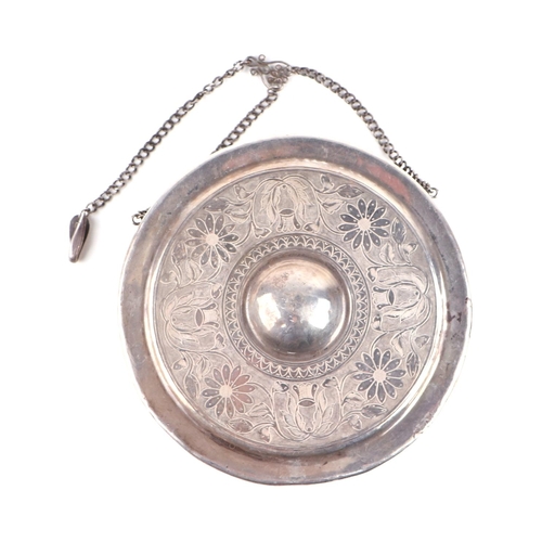 669 - A South East Asian white metal (tests as silver) gong with foliate decoration, 15cm diameter, 202g