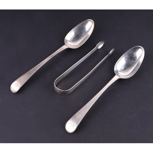 672 - A pair of bottom marked silver tablespoons, London 1776 and makers mark for 'WT'; together with a pa... 