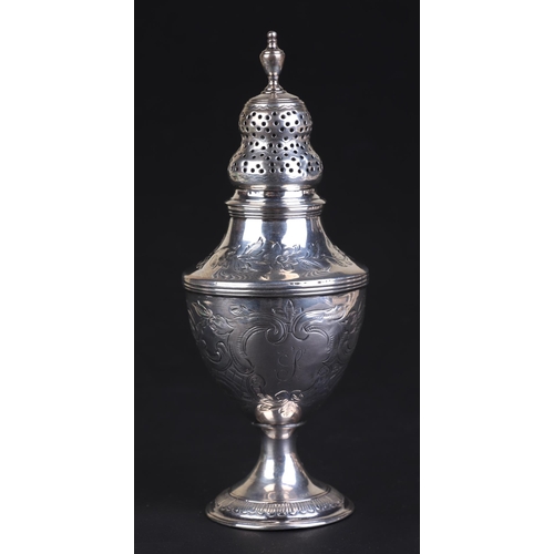 701 - A George III silver baluster form pepper decorated with foliate scrolls, London 1805, 14.5cmshigh, 9... 