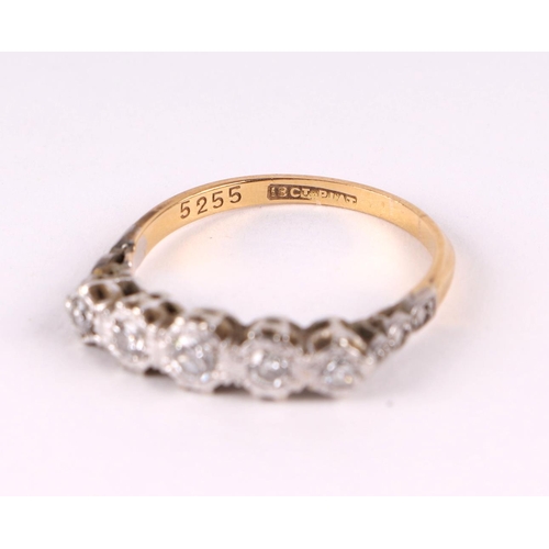 795 - An 18ct gold and five stone diamond ring, approx UK size 'Q', 3g.