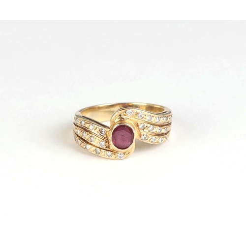 796 - A yellow metal ring with central amethyst and diamond set shoulders. Approx UK size L 5g