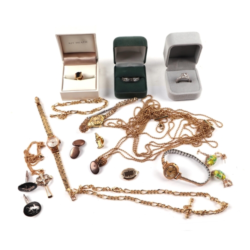 800 - A silver dress ring; together with ladies gold plated wristwatches; and other costume jewellery.