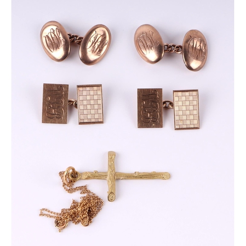 809 - Two pairs of 9ct gold cufflinks; together with a continental yellow metal cross on chain, total weig... 