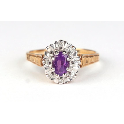 820 - A 9ct gold diamond and amethyst cluster ring, approx UK size L, 1.9g.