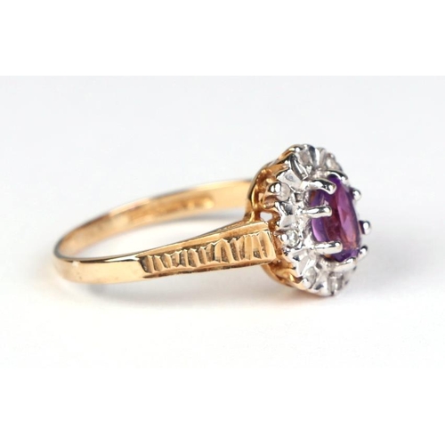 820 - A 9ct gold diamond and amethyst cluster ring, approx UK size L, 1.9g.