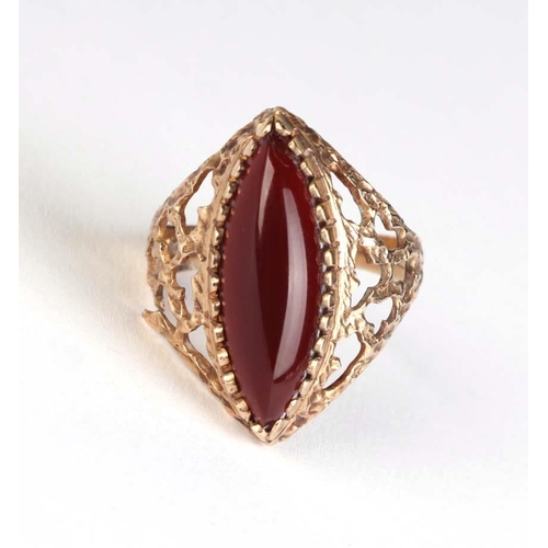 834 - A 9ct gold dress ring set with an oval amber coloured cabochon, approx UK size N, 3.6g.Condition Rep... 