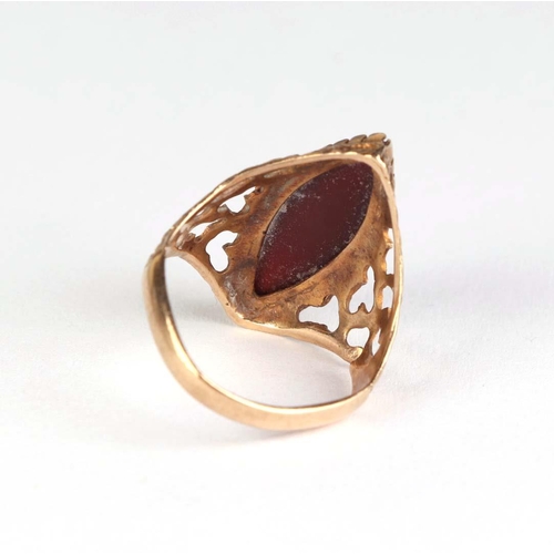 834 - A 9ct gold dress ring set with an oval amber coloured cabochon, approx UK size N, 3.6g.Condition Rep... 